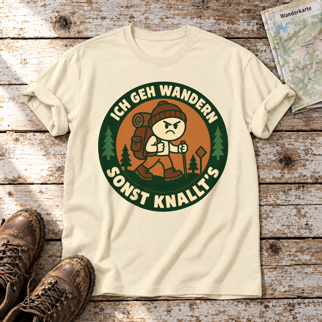 Sonst knallt’s – T-Shirt Unisex in Natur, flach liegend auf alten Holzbrettern mit Wanderschuhen und Wanderkarte.