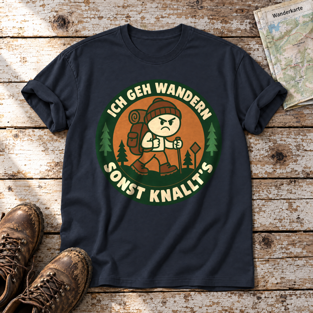 Sonst knallt’s – T-Shirt Unisex in Navy, flach liegend auf alten Holzbrettern mit Wanderschuhen und Wanderkarte.