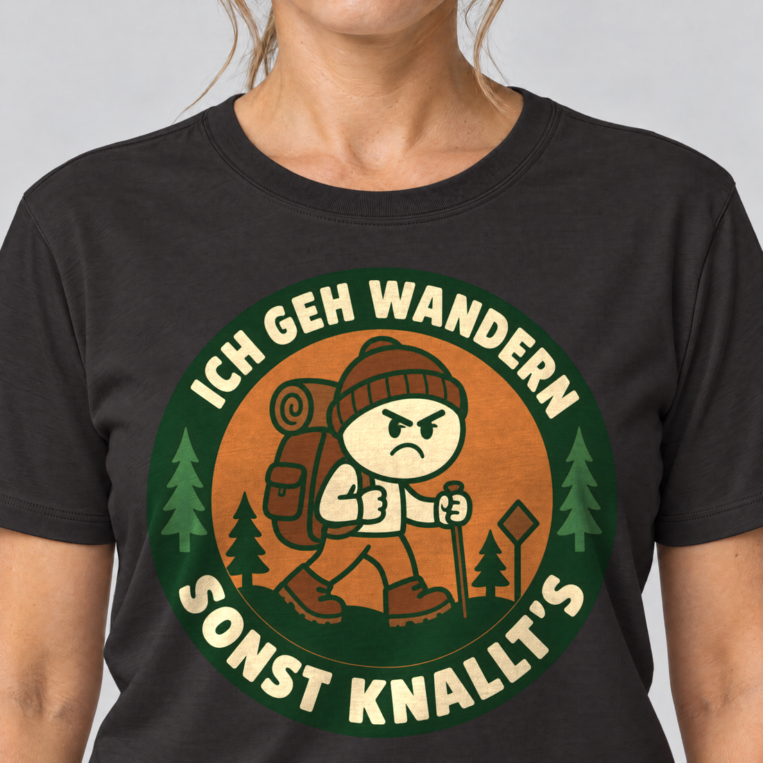 Nahaufnahme des Drucks: Sonst knallt’s – T-Shirt Unisex in Schwarz, von einer Frau getragen