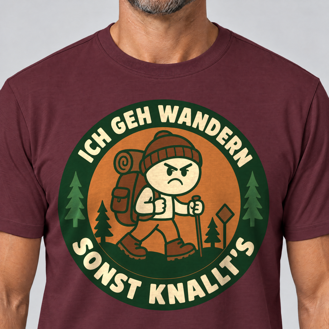 Nahaufnahme des Drucks: Sonst knallt’s – T-Shirt Unisex in Bordeaux, von einem Mann getragen