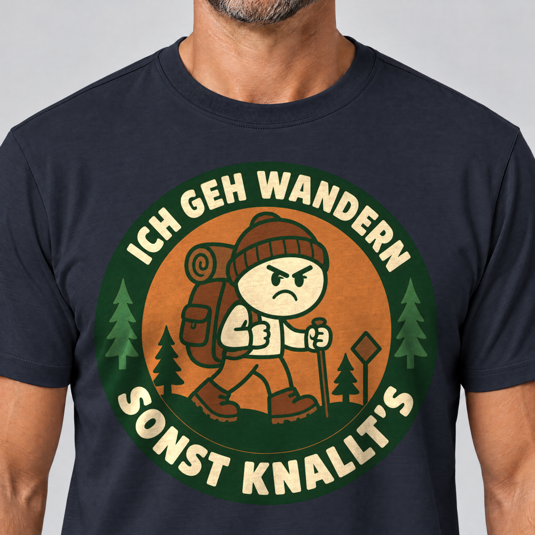 Nahaufnahme des Drucks: Sonst knallt’s – T-Shirt Unisex in Navy, von einem Mann getragen
