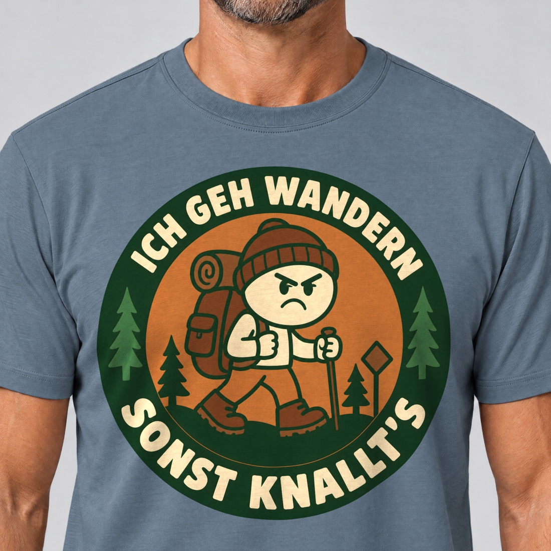 Nahaufnahme des Drucks: Sonst knallt’s – T-Shirt Unisex in Steinblau, von einem Mann getragen