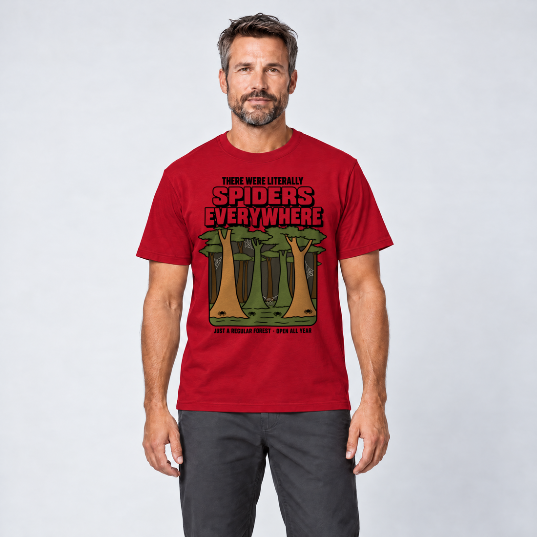 Mann trägt Literally Spiders Everywhere – T-Shirt Unisex in Rot, Ansicht von vorn