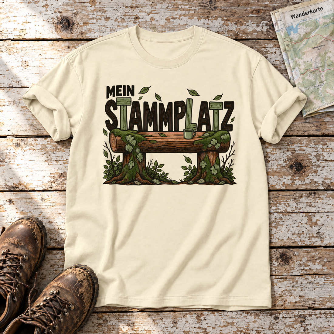 Mein Stammplatz – T-Shirt Unisex in Natur, flach liegend auf alten Holzbrettern mit Wanderschuhen und Wanderkarte.