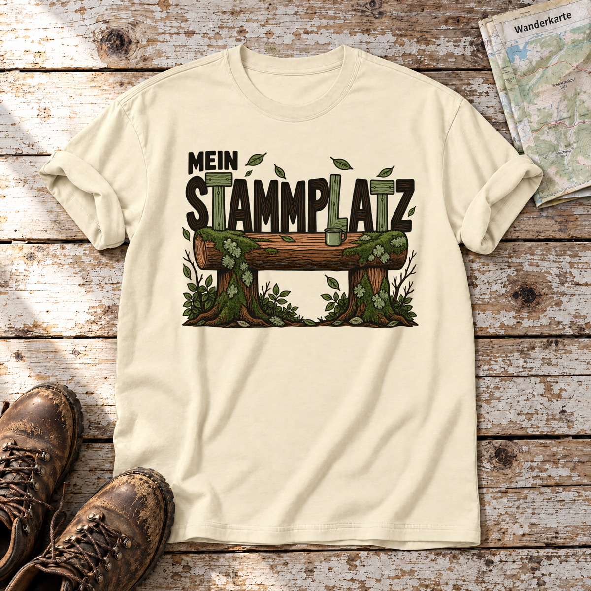 Mein Stammplatz – T-Shirt Unisex in Natur, flach liegend auf alten Holzbrettern mit Wanderschuhen und Wanderkarte.