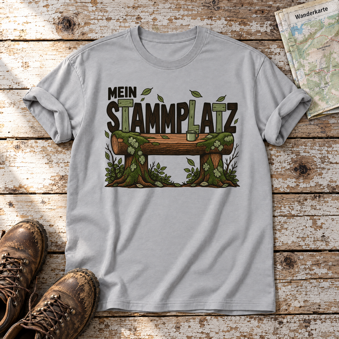 Mein Stammplatz – T-Shirt Unisex in Hellgrau, flach liegend auf alten Holzbrettern mit Wanderschuhen und Wanderkarte.