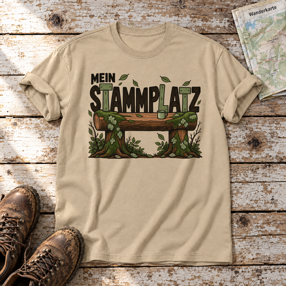Mein Stammplatz – T-Shirt Unisex in Sand, flach liegend auf alten Holzbrettern mit Wanderschuhen und Wanderkarte.