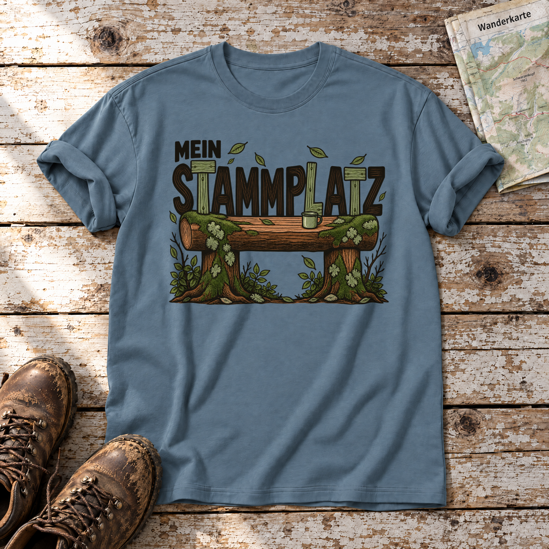 Mein Stammplatz – T-Shirt Unisex in Steinblau, flach liegend auf alten Holzbrettern mit Wanderschuhen und Wanderkarte.