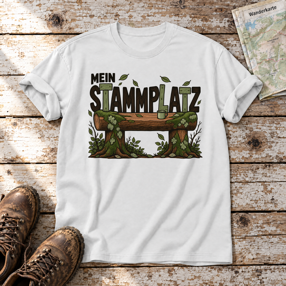 Mein Stammplatz – T-Shirt Unisex in Weiß, flach liegend auf alten Holzbrettern mit Wanderschuhen und Wanderkarte.