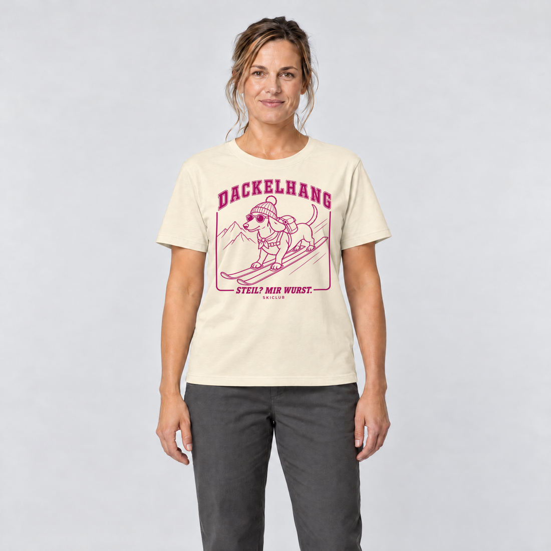 Frau trägt Steil? Mir Wurst. – T-Shirt Unisex in Natur, Ansicht von vorn