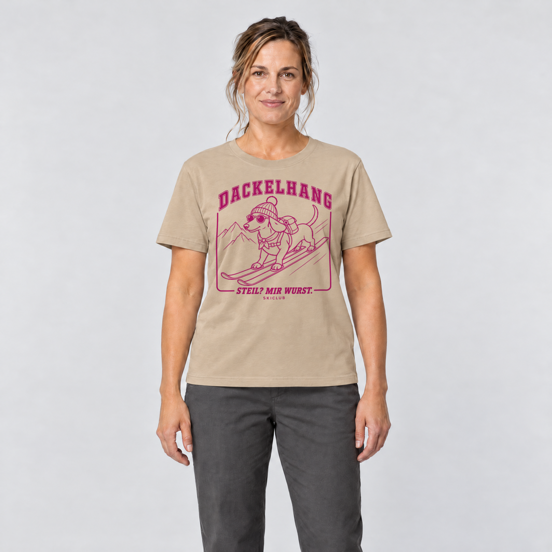 Frau trägt Steil? Mir Wurst. – T-Shirt Unisex in Sand, Ansicht von vorn