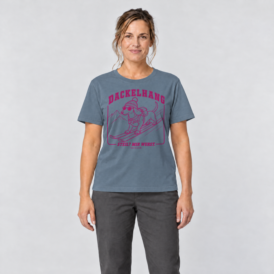 Frau trägt Steil? Mir Wurst. – T-Shirt Unisex in Steinblau, Ansicht von vorn