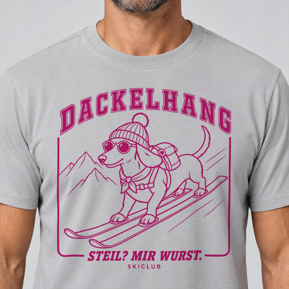 Nahaufnahme des Drucks: Steil? Mir Wurst. – T-Shirt Unisex in Hellgrau, von einem Mann getragen