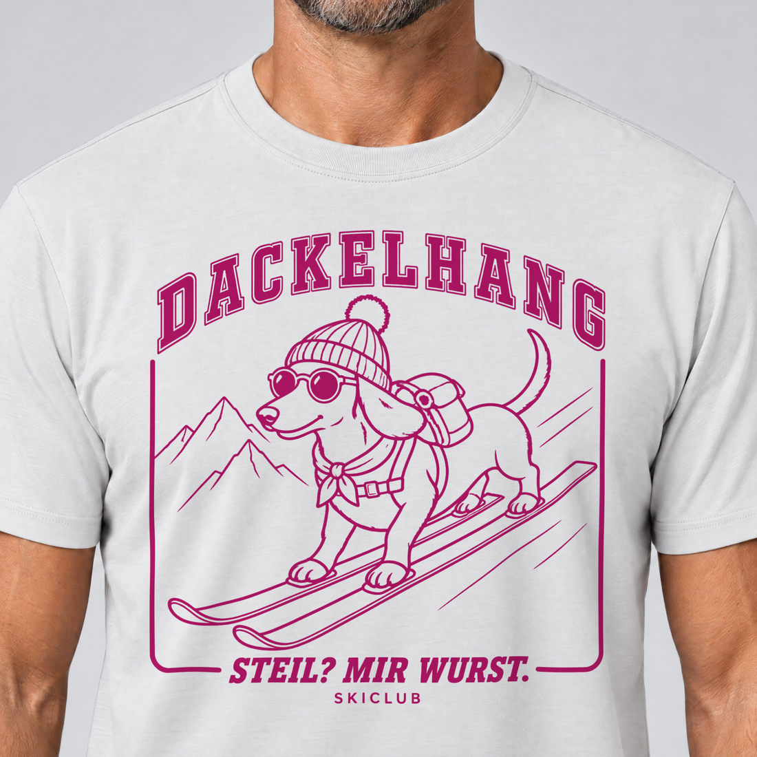 Nahaufnahme des Drucks: Steil? Mir Wurst. – T-Shirt Unisex in Weiß, von einem Mann getragen