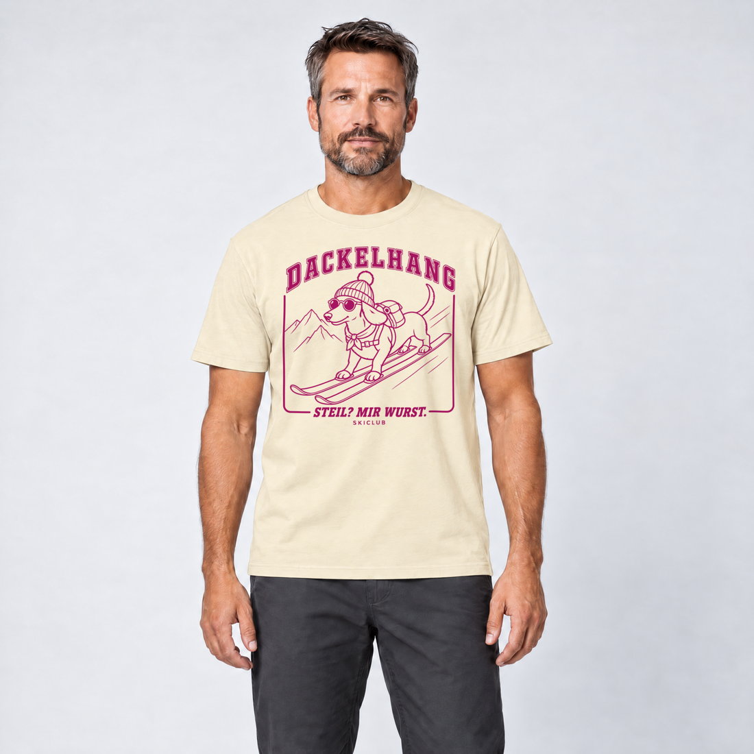 Mann trägt Steil? Mir Wurst. – T-Shirt Unisex in Natur, Ansicht von vorn