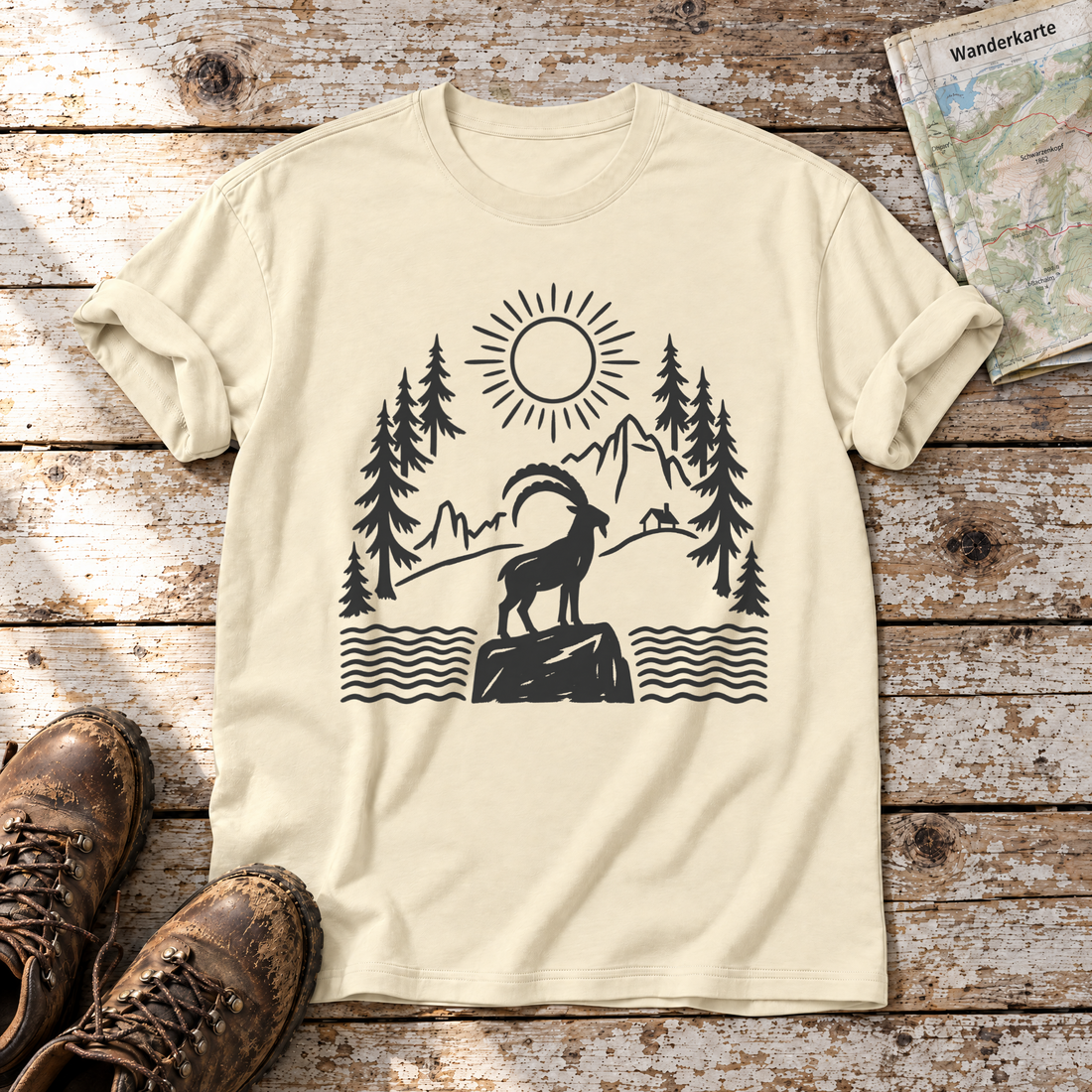 Steinbock am Bergsee – T-Shirt Unisex in Natur, flach liegend auf alten Holzbrettern mit Wanderschuhen und Wanderkarte.