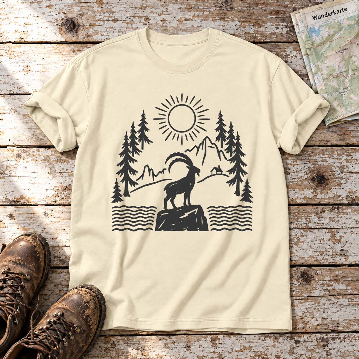 Steinbock am Bergsee – T-Shirt Unisex in Natur, flach liegend auf alten Holzbrettern mit Wanderschuhen und Wanderkarte.