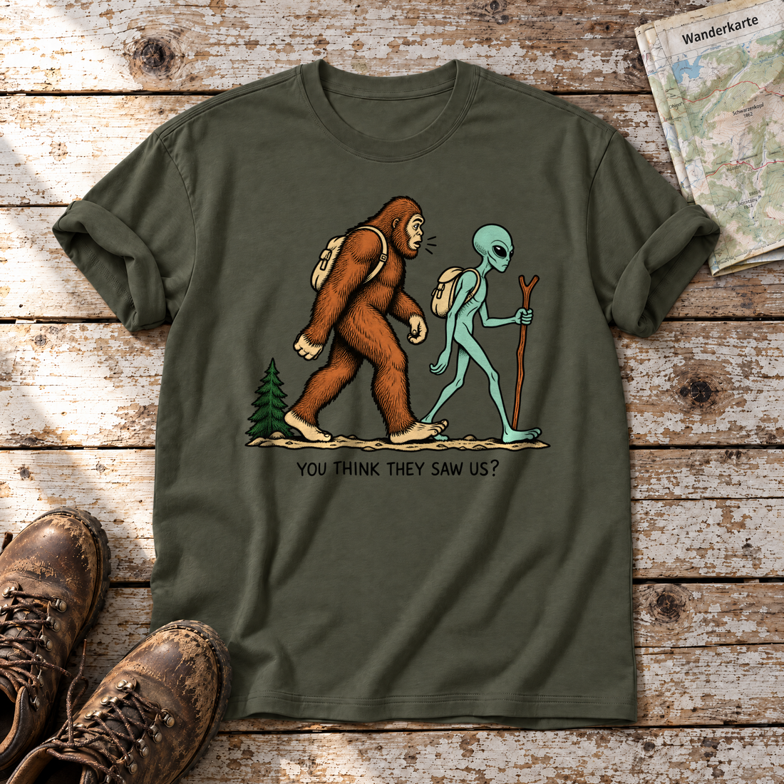 Think they saw us? – T-Shirt Unisex in Oliv, flach liegend auf alten Holzbrettern mit Wanderschuhen und Wanderkarte.