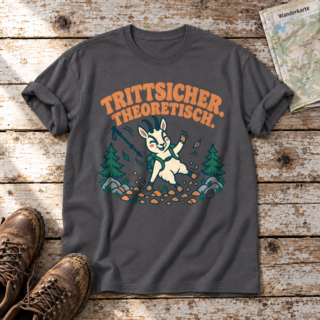 Trittsicher. Theoretisch. – T-Shirt Unisex in Dunkelgrau, flach liegend auf alten Holzbrettern mit Wanderschuhen und Wanderkarte.