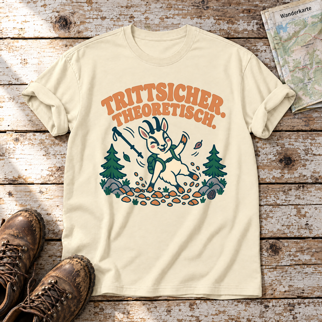 Trittsicher. Theoretisch. – T-Shirt Unisex in Natur, flach liegend auf alten Holzbrettern mit Wanderschuhen und Wanderkarte.