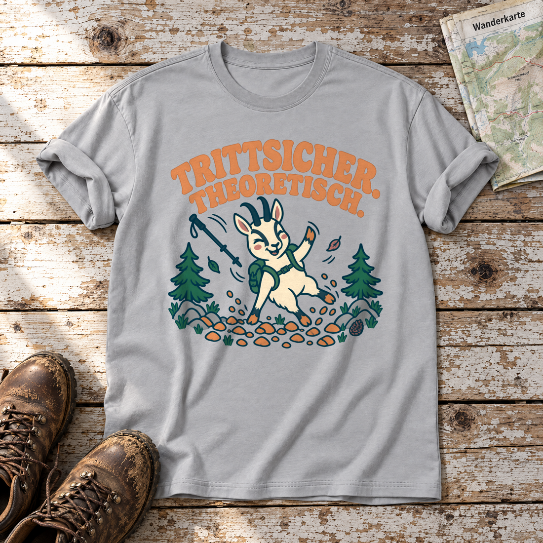 Trittsicher. Theoretisch. – T-Shirt Unisex in Hellgrau, flach liegend auf alten Holzbrettern mit Wanderschuhen und Wanderkarte.