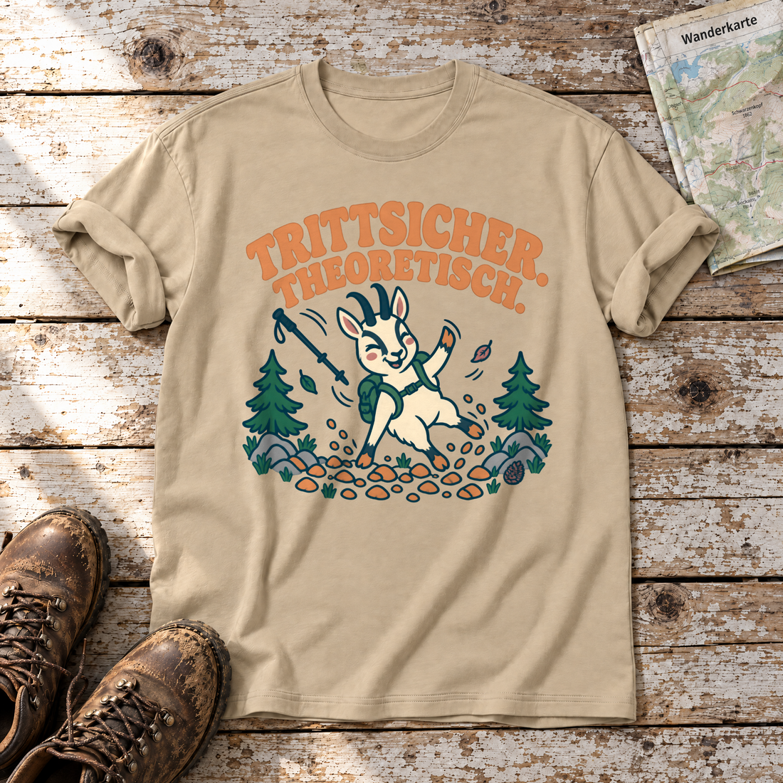 Trittsicher. Theoretisch. – T-Shirt Unisex in Sand, flach liegend auf alten Holzbrettern mit Wanderschuhen und Wanderkarte.