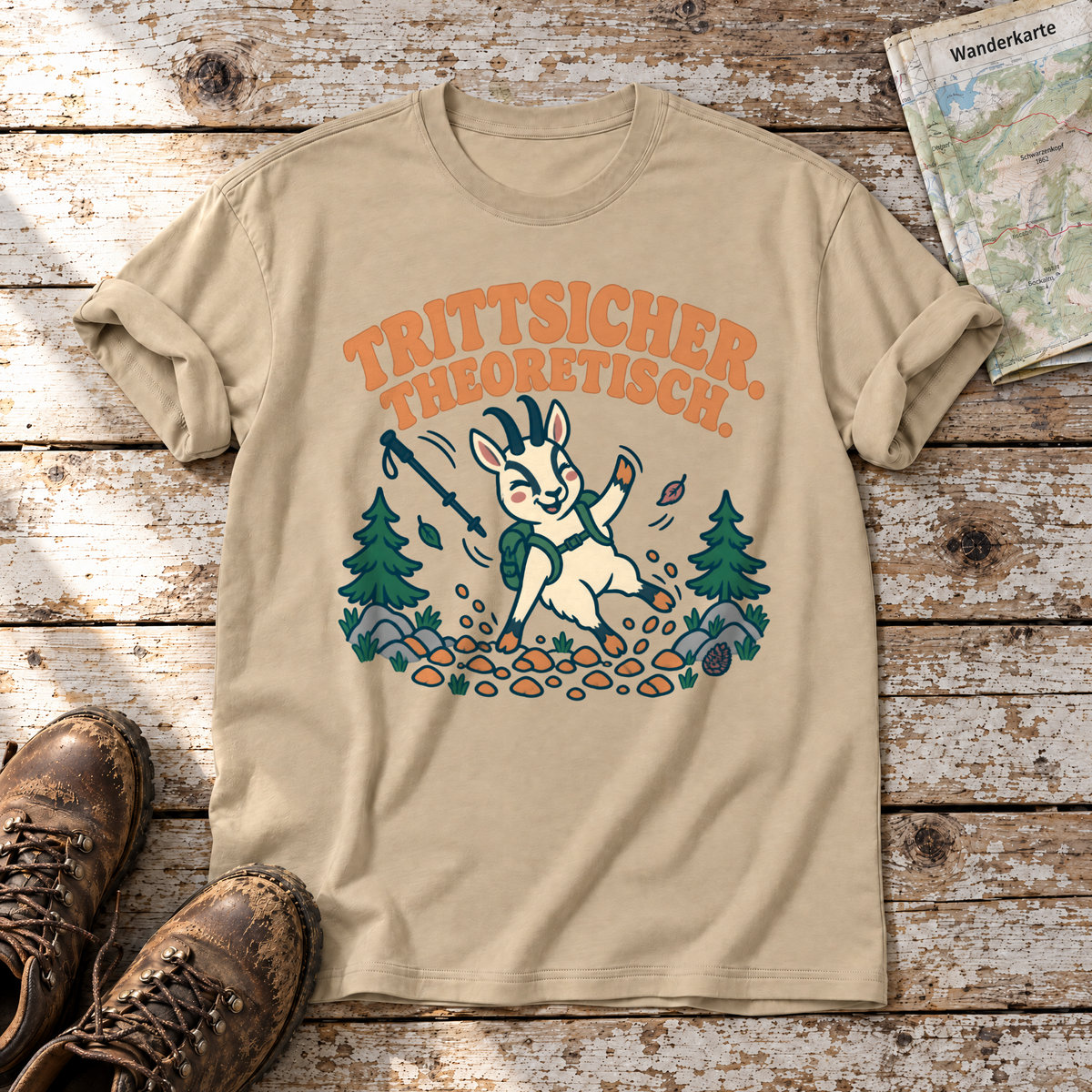 Trittsicher. Theoretisch. – T-Shirt Unisex in Sand, flach liegend auf alten Holzbrettern mit Wanderschuhen und Wanderkarte.