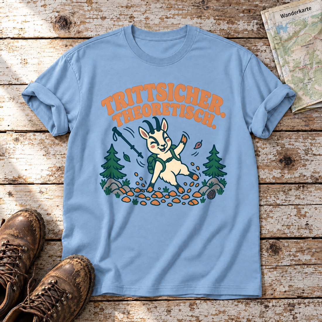 Trittsicher. Theoretisch. – T-Shirt Unisex in Himmelblau, flach liegend auf alten Holzbrettern mit Wanderschuhen und Wanderkarte.