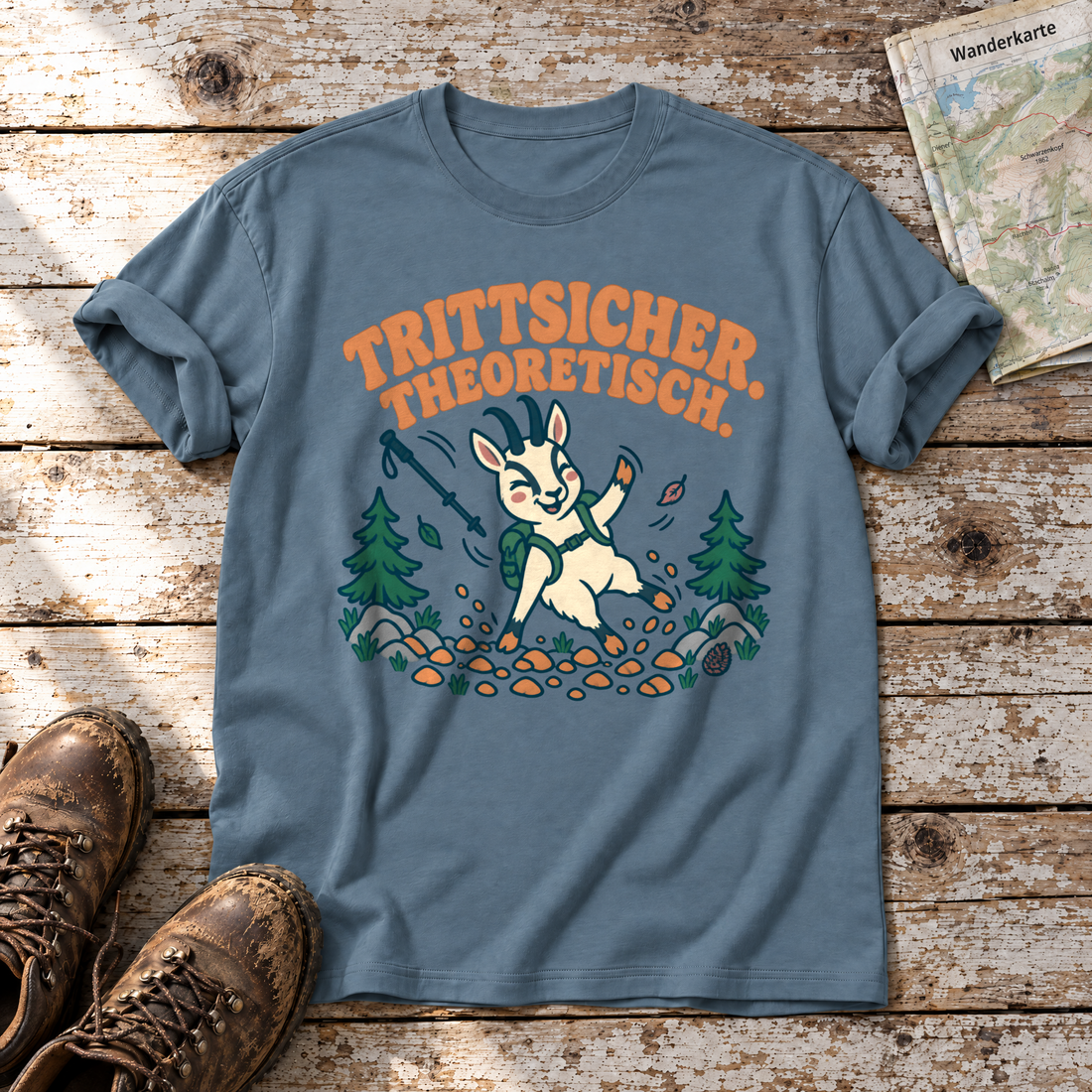 Trittsicher. Theoretisch. – T-Shirt Unisex in Steinblau, flach liegend auf alten Holzbrettern mit Wanderschuhen und Wanderkarte.