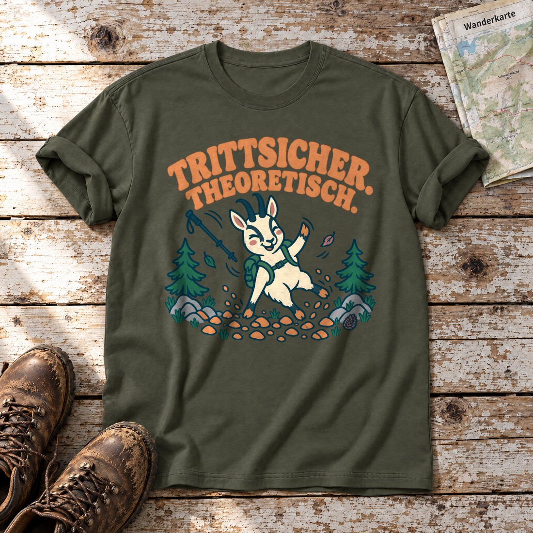 Trittsicher. Theoretisch. – T-Shirt Unisex in Oliv, flach liegend auf alten Holzbrettern mit Wanderschuhen und Wanderkarte.