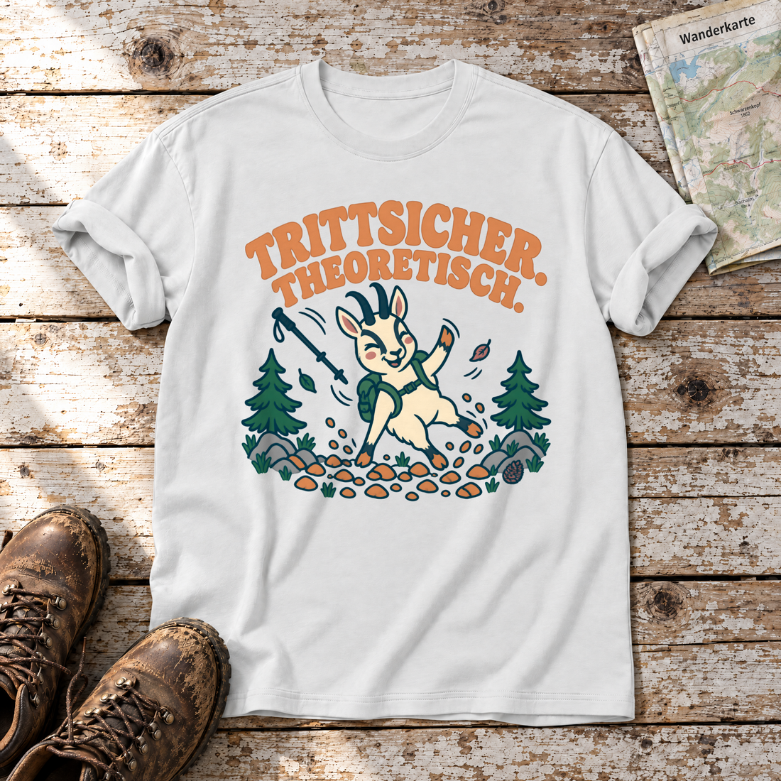 Trittsicher. Theoretisch. – T-Shirt Unisex in Weiß, flach liegend auf alten Holzbrettern mit Wanderschuhen und Wanderkarte.
