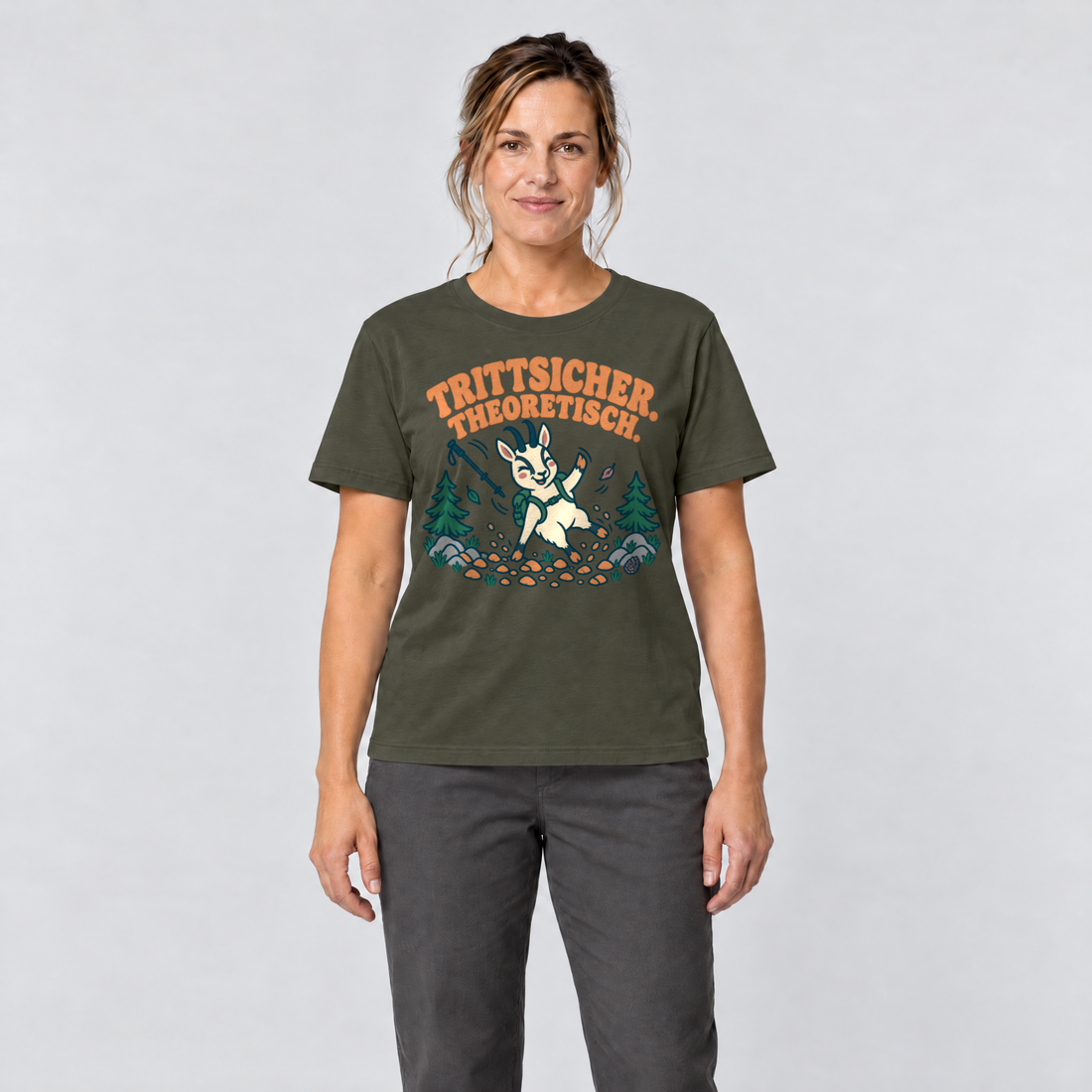 Frau trägt Trittsicher. Theoretisch. – T-Shirt Unisex in Oliv, Ansicht von vorn
