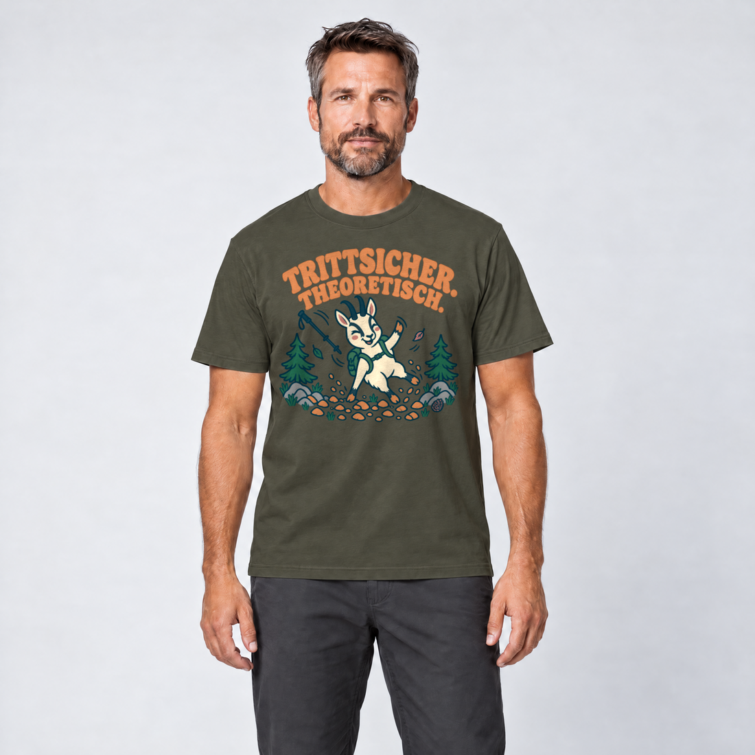Mann trägt Trittsicher. Theoretisch. – T-Shirt Unisex in Oliv, Ansicht von vorn