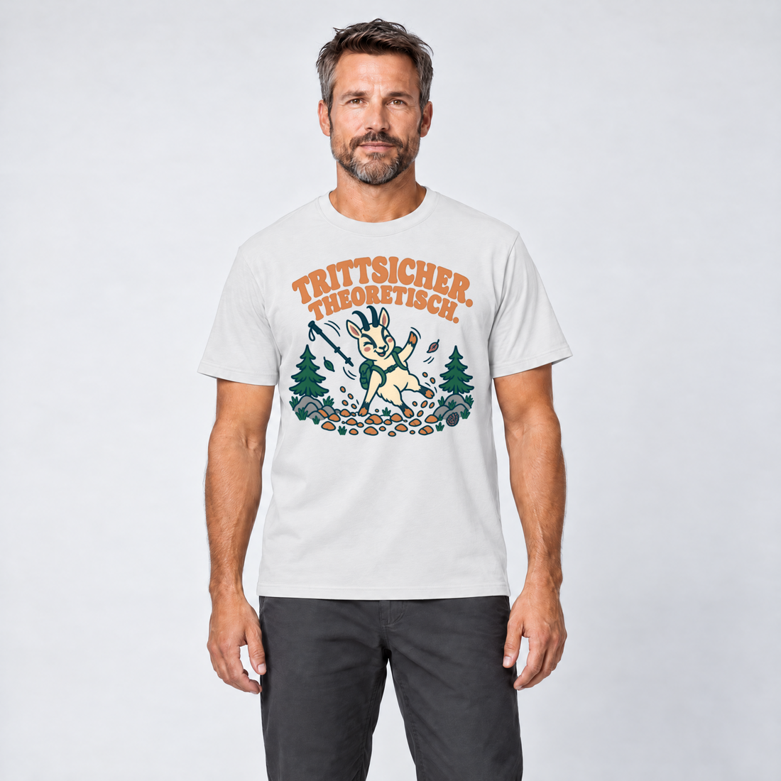 Mann trägt Trittsicher. Theoretisch. – T-Shirt Unisex in Weiß, Ansicht von vorn