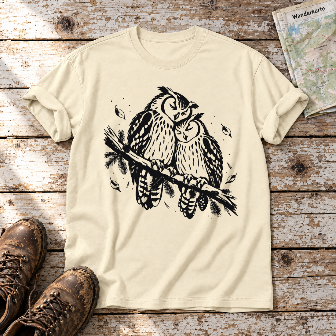 Uhupaar auf dem Fichtenast – T-Shirt Unisex in Natur, flach liegend auf alten Holzbrettern mit Wanderschuhen und Wanderkarte.
