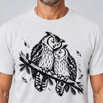 Nahaufnahme des Drucks: Uhupaar auf dem Fichtenast – T-Shirt Unisex in Weiß, von einem Mann getragen