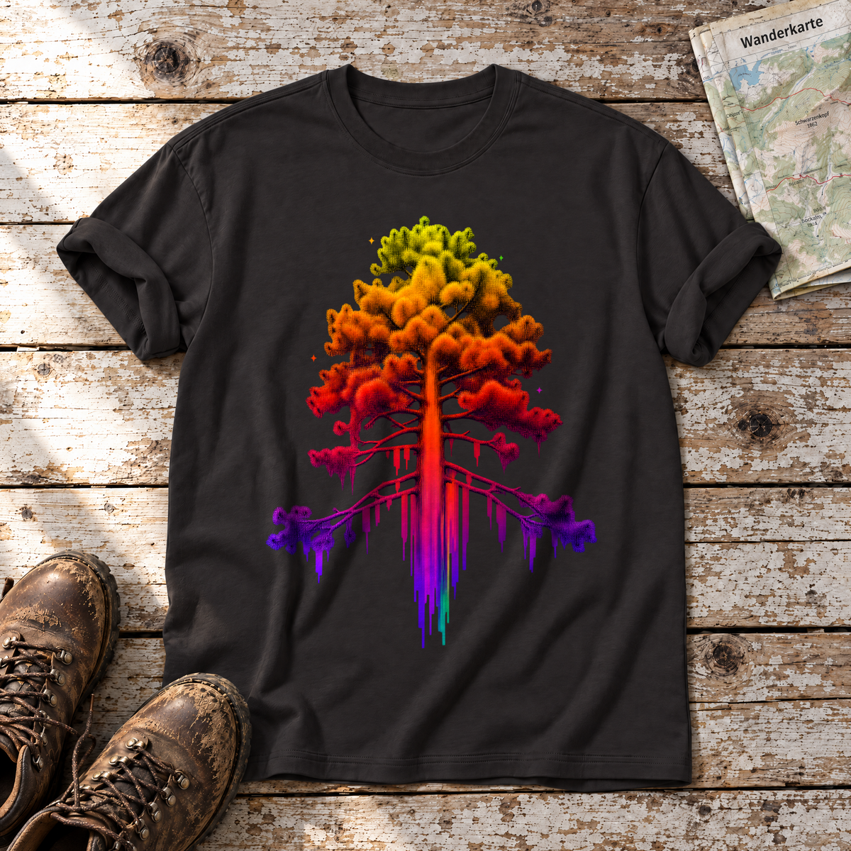 Kiefer im Wärmebild – T-Shirt Unisex in Schwarz, flach liegend auf alten Holzbrettern mit Wanderschuhen und Wanderkarte.