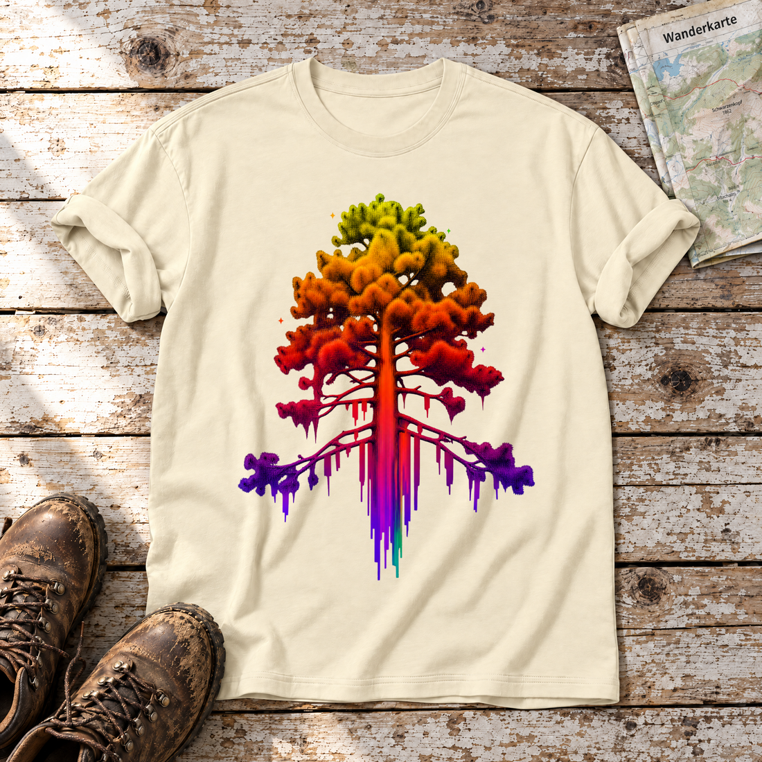 Kiefer im Wärmebild – T-Shirt Unisex in Natur, flach liegend auf alten Holzbrettern mit Wanderschuhen und Wanderkarte.