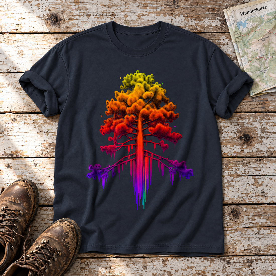 Kiefer im Wärmebild – T-Shirt Unisex in Navy, flach liegend auf alten Holzbrettern mit Wanderschuhen und Wanderkarte.