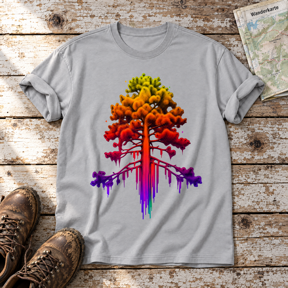 Kiefer im Wärmebild – T-Shirt Unisex in Hellgrau, flach liegend auf alten Holzbrettern mit Wanderschuhen und Wanderkarte.