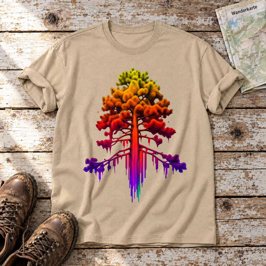 Kiefer im Wärmebild – T-Shirt Unisex in Sand, flach liegend auf alten Holzbrettern mit Wanderschuhen und Wanderkarte.