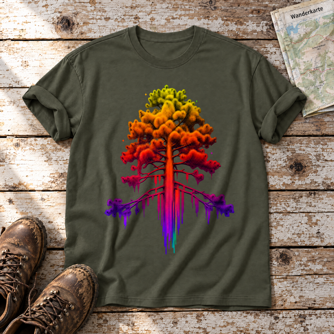 Kiefer im Wärmebild – T-Shirt Unisex in Oliv, flach liegend auf alten Holzbrettern mit Wanderschuhen und Wanderkarte.