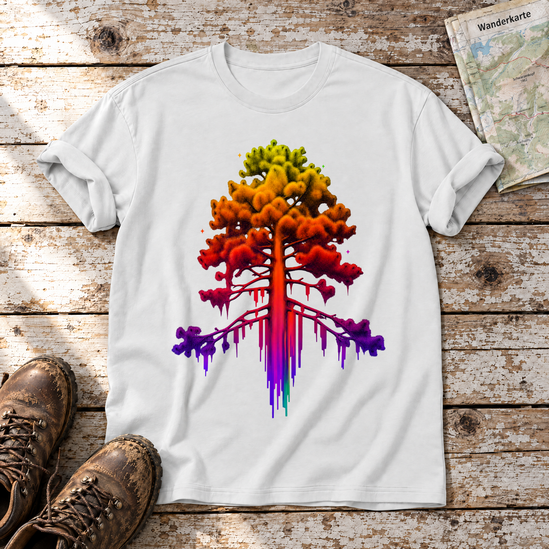 Kiefer im Wärmebild – T-Shirt Unisex in Weiß, flach liegend auf alten Holzbrettern mit Wanderschuhen und Wanderkarte.