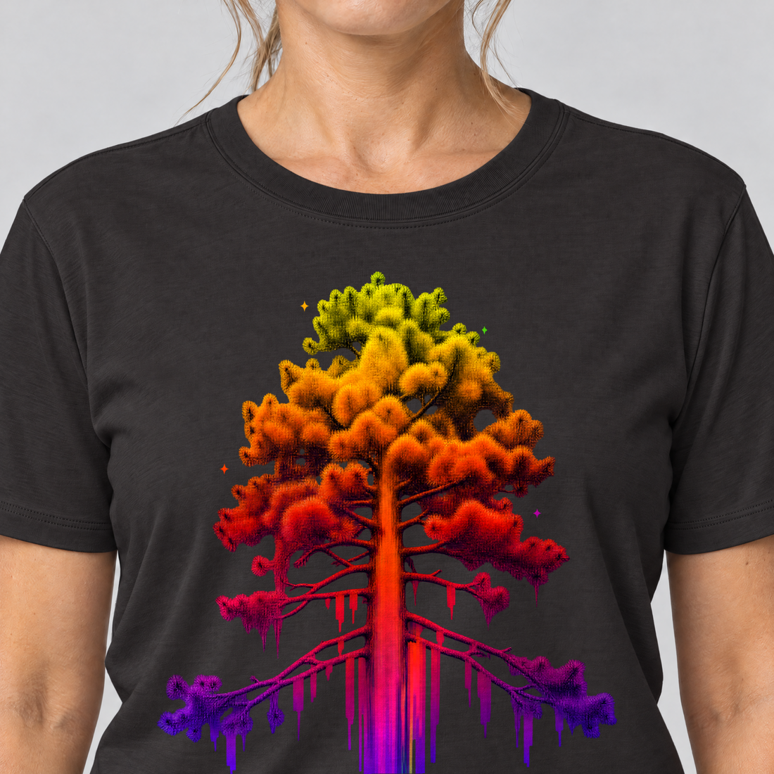 Nahaufnahme des Drucks: Kiefer im Wärmebild – T-Shirt Unisex in Schwarz, von einer Frau getragen