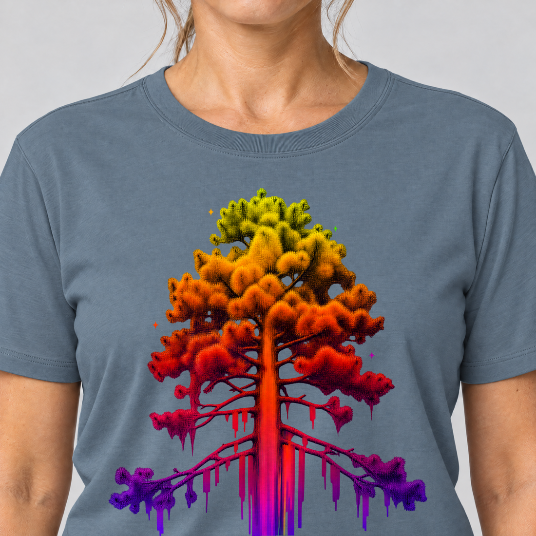 Nahaufnahme des Drucks: Kiefer im Wärmebild – T-Shirt Unisex in Steinblau, von einer Frau getragen