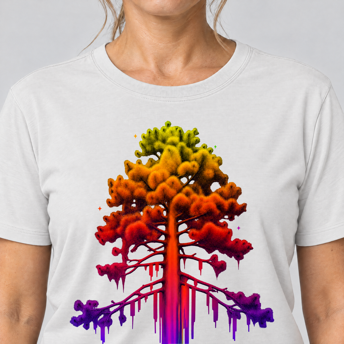 Nahaufnahme des Drucks: Kiefer im Wärmebild – T-Shirt Unisex in Weiß, von einer Frau getragen
