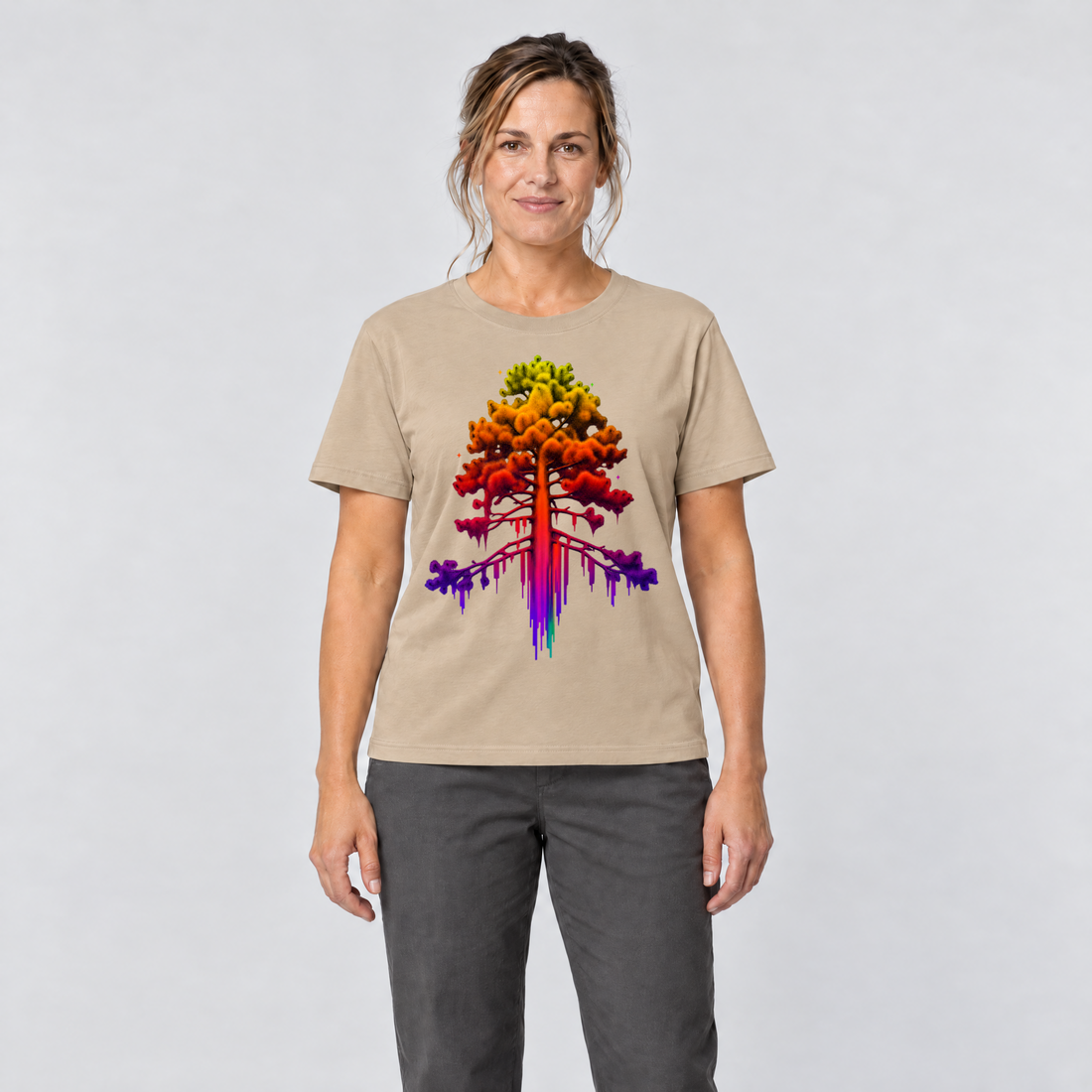 Frau trägt Kiefer im Wärmebild – T-Shirt Unisex in Sand, Ansicht von vorn