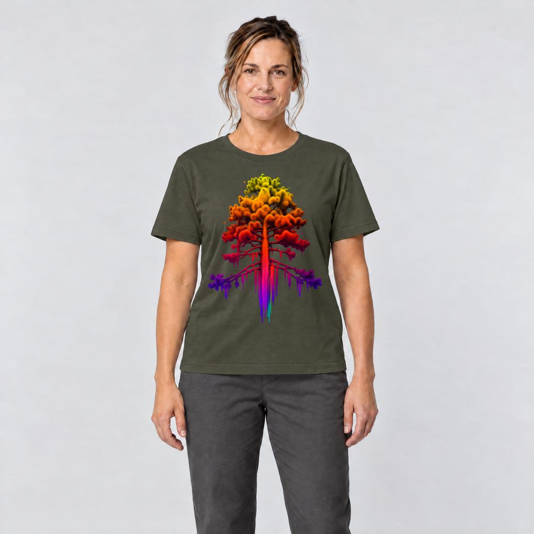 Frau trägt Kiefer im Wärmebild – T-Shirt Unisex in Oliv, Ansicht von vorn