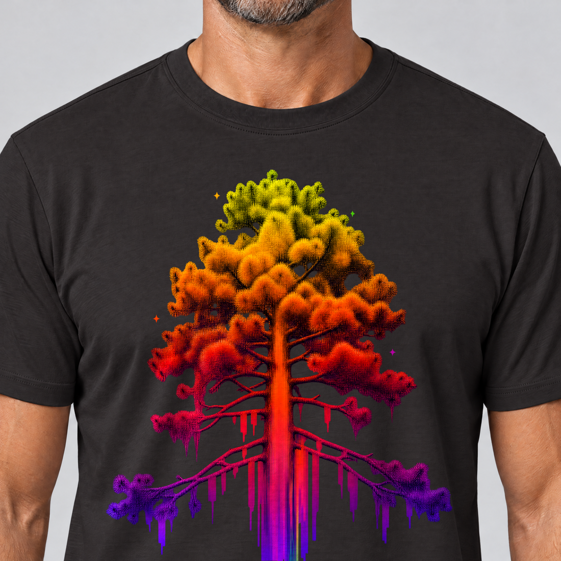 Nahaufnahme des Drucks: Kiefer im Wärmebild – T-Shirt Unisex in Schwarz, von einem Mann getragen