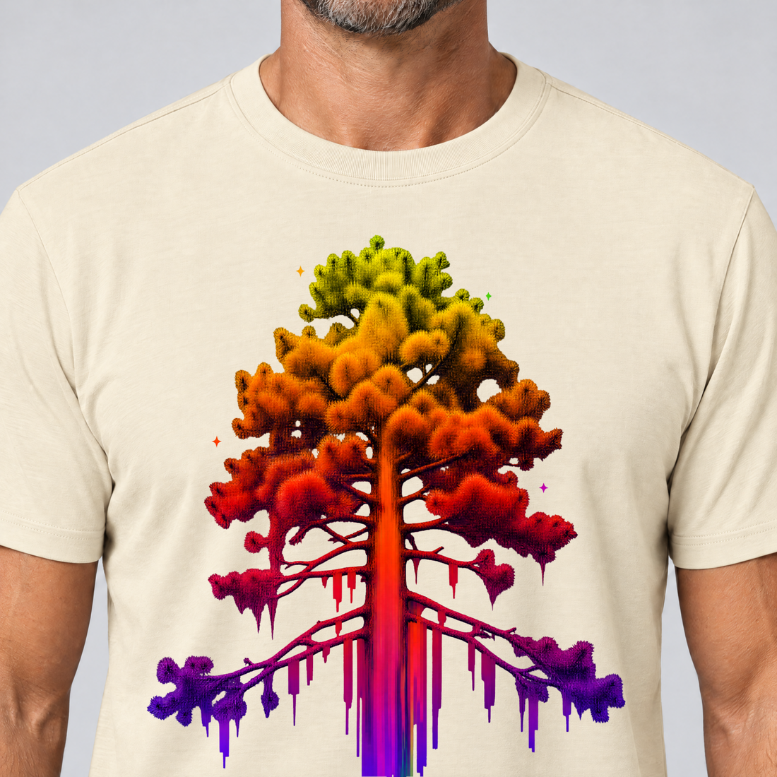 Nahaufnahme des Drucks: Kiefer im Wärmebild – T-Shirt Unisex in Natur, von einem Mann getragen